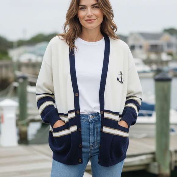 Anchor Embroidered Women's Cardigan - Navy and White - Picture 2 of 6